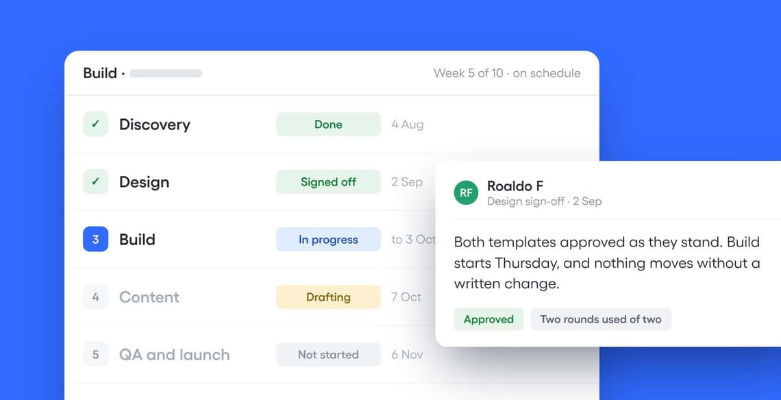 Project timeline dashboard with design approval comment