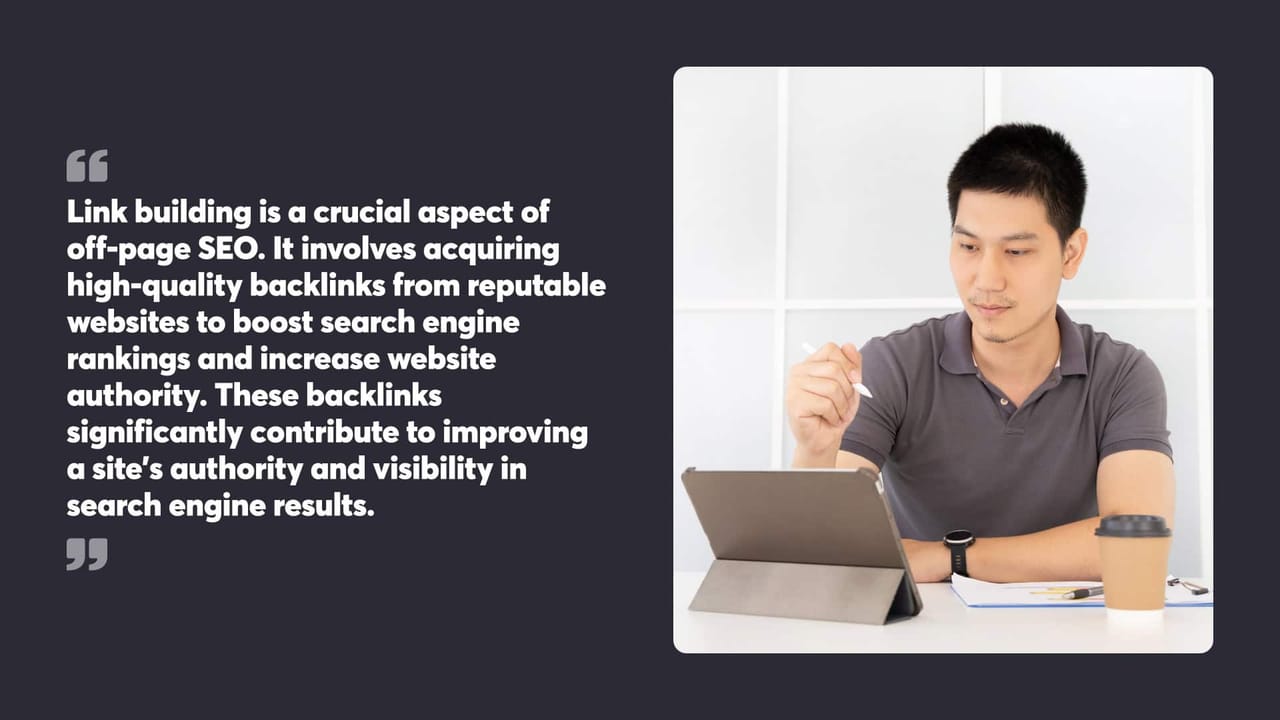 Link building is a crucial aspect of
off-page SEO. It involves acquiring
high-quality backlinks from reputable
websites to boost search engine
rankings and increase website
authority. These backlinks
significantly contribute to improving
a site's authority and visibility in
search engine results.