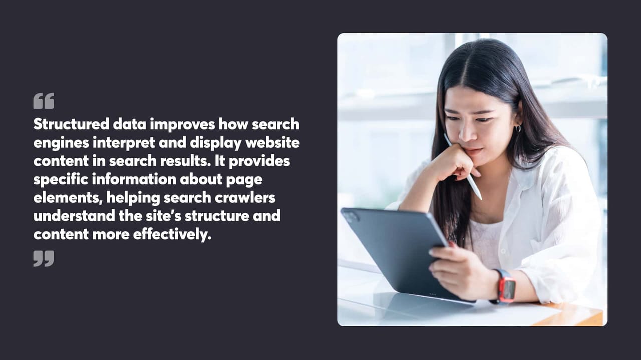 Structured data improves how search
engines interpret and display website
content in search results. It provides
specific information about page
elements, helping search crawlers
understand the site's structure and
content more effectively.