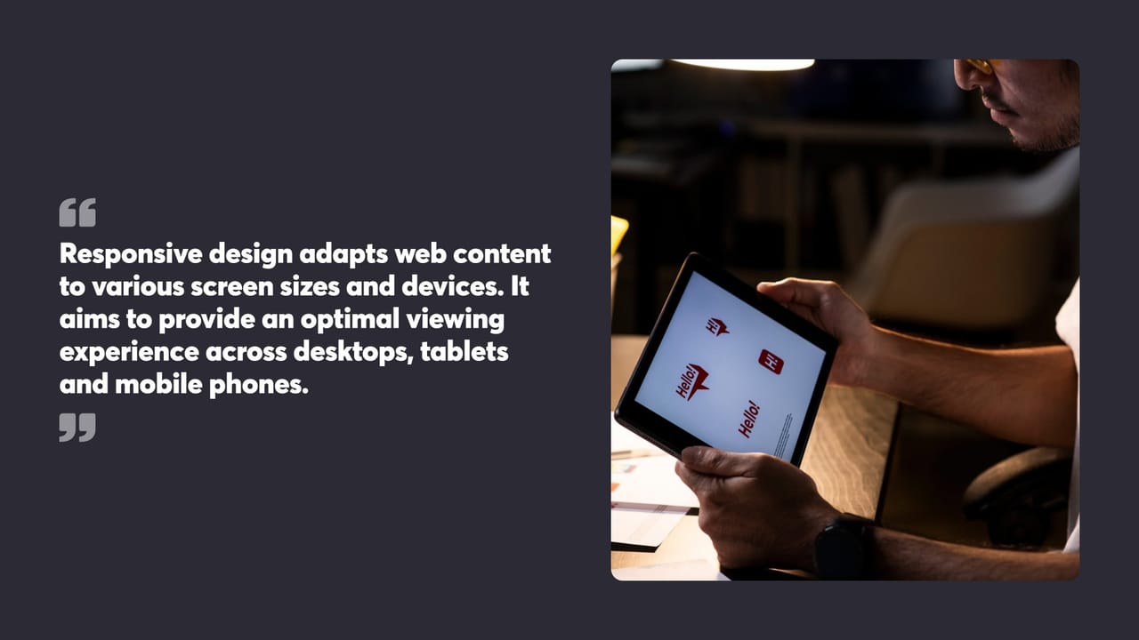 Responsive design adapts web content to various screen sizes and devices. It aims to provide an optimal viewing experience across desktops, tablets and mobile phones.