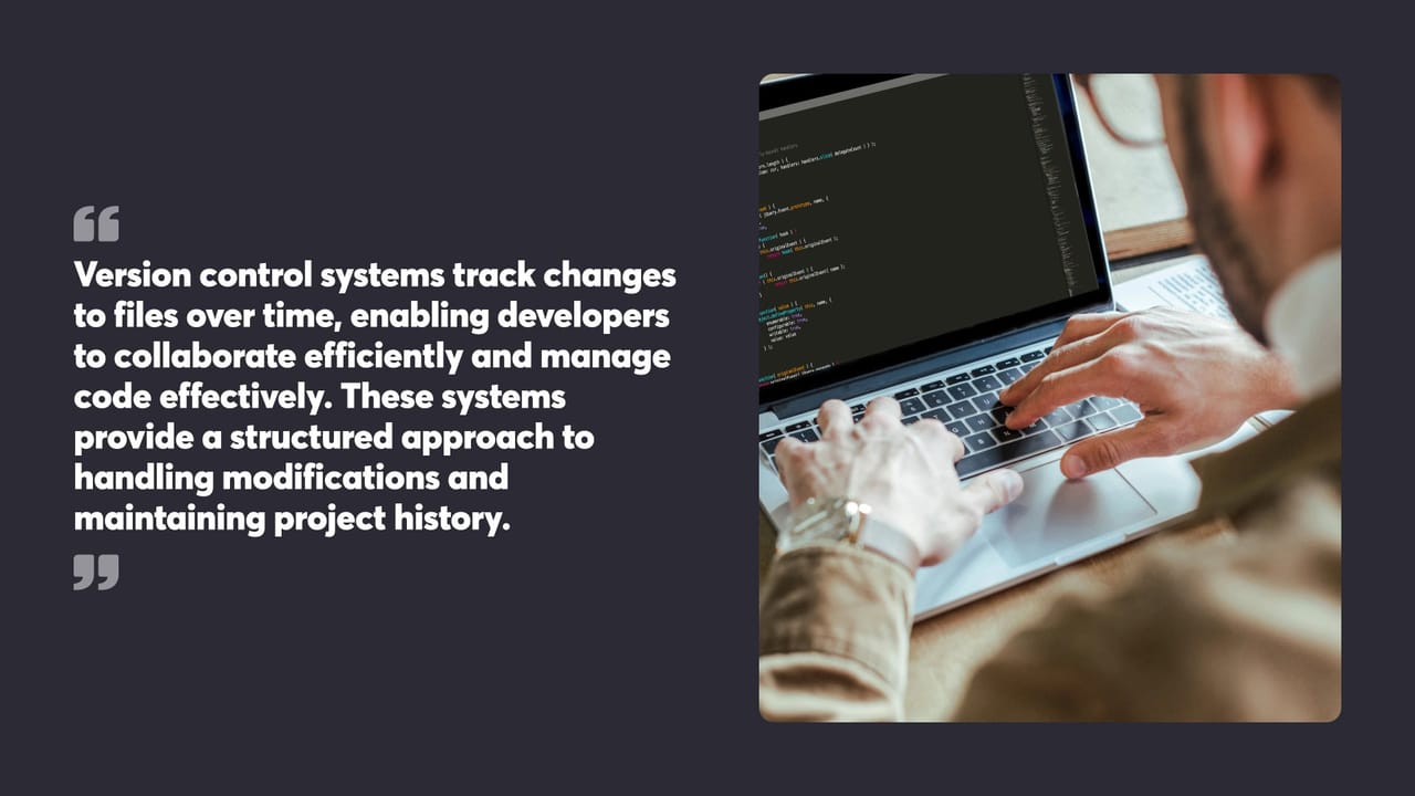Developer coding on laptop with version control explanation