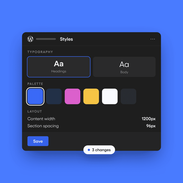 WordPress Styles panel showing typography, palette and layout settings
