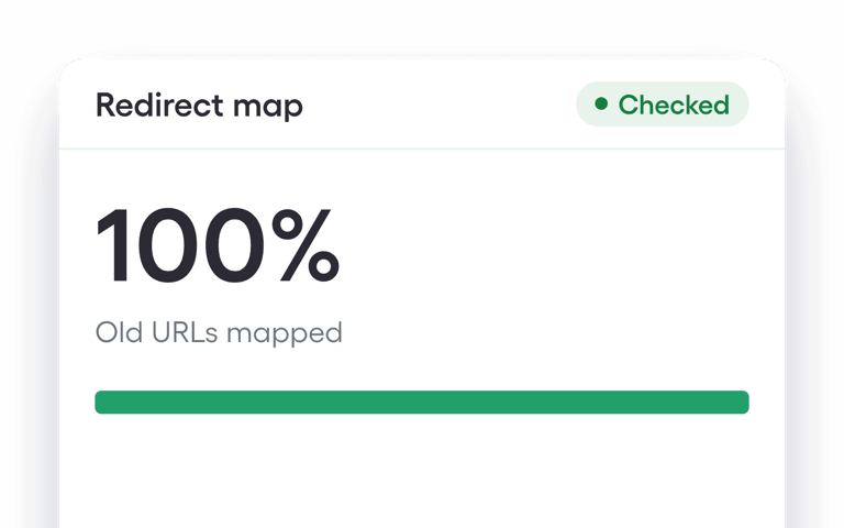 Redirect map dashboard showing 100% old URLs mapped