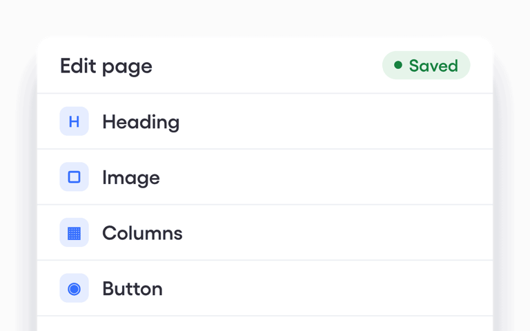 Page editor menu with saved status and content blocks