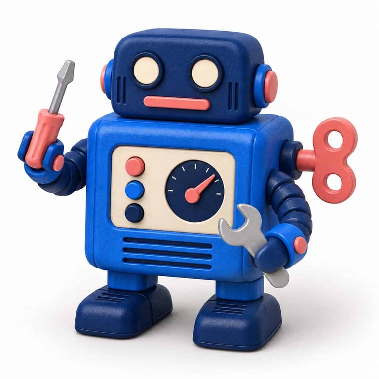 Blue toy robot holding screwdriver and spanner