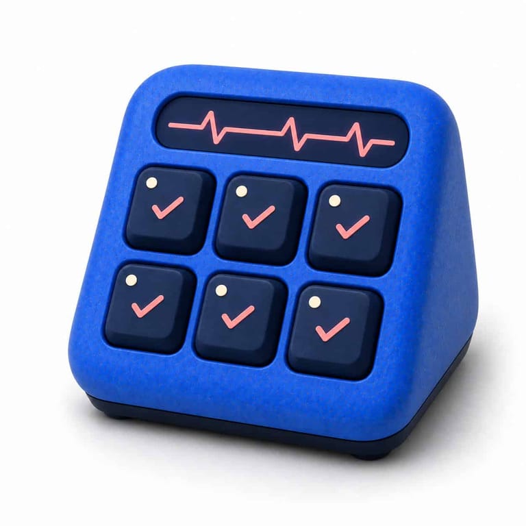 Blue electronic device with six checkmark buttons