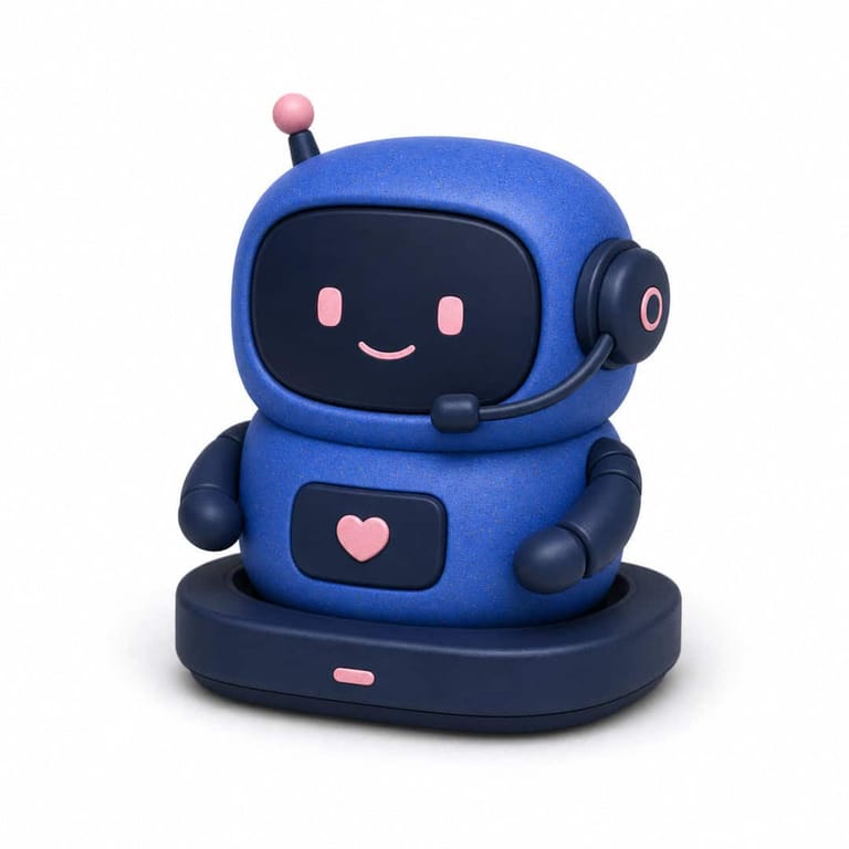 Cute blue robot with pink heart and headset