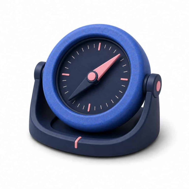 Stylised blue analogue clock showing around 7:10