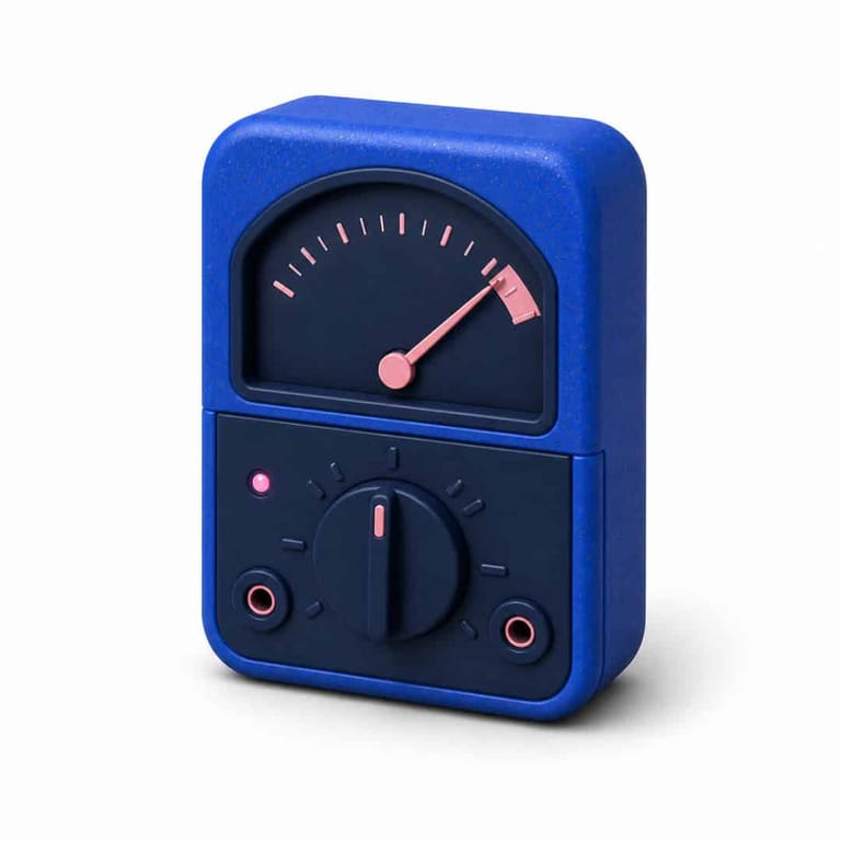 Blue analogue meter with pink needle and control dial