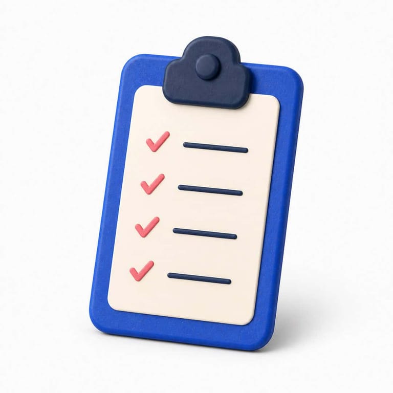 Blue clipboard with four pink checklist ticks