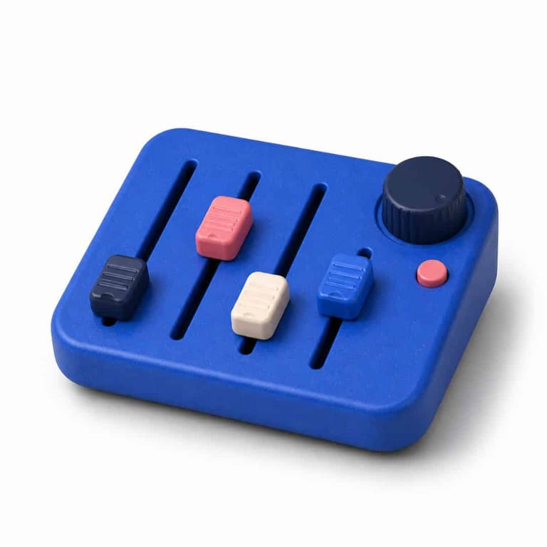 Blue audio mixer with colourful sliders and control knob