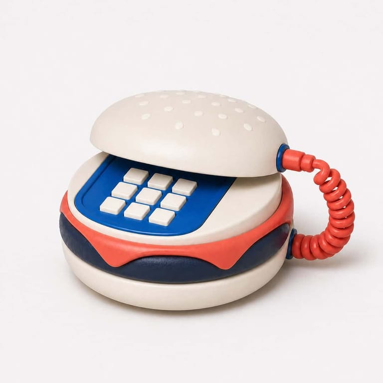 Hamburger-shaped retro telephone with red coiled cord