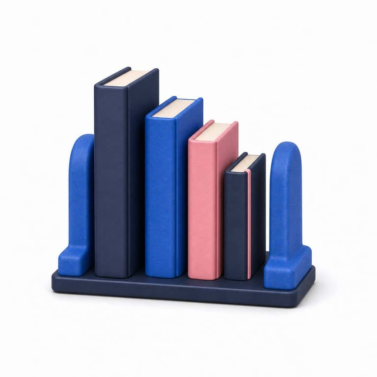 Blue and pink books in a navy bookend holder