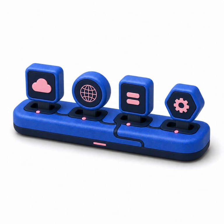Blue docking station with cloud, web, equal and settings icons