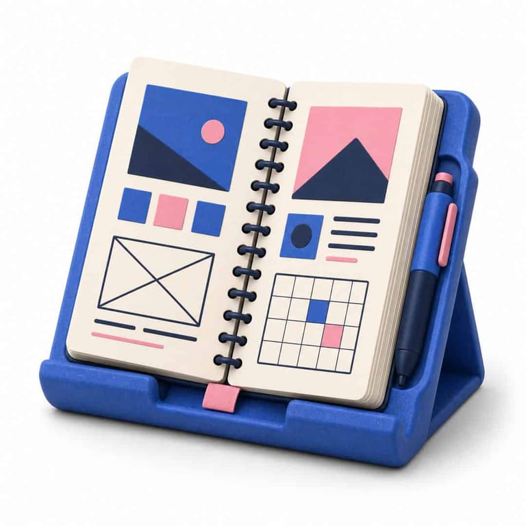 Open notebook with geometric diagrams in blue desk stand