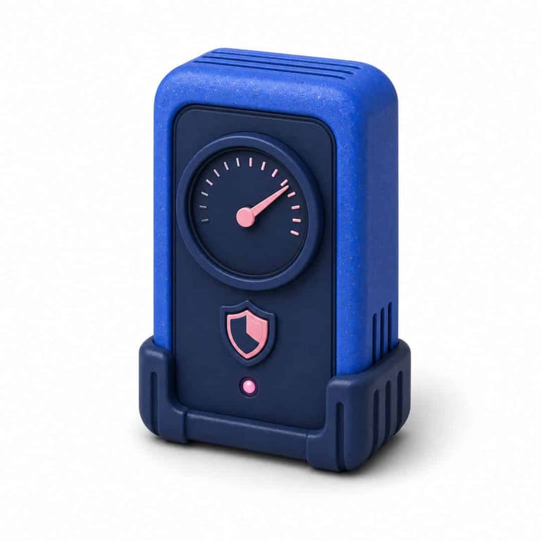 Blue portable security device with pink gauge and shield