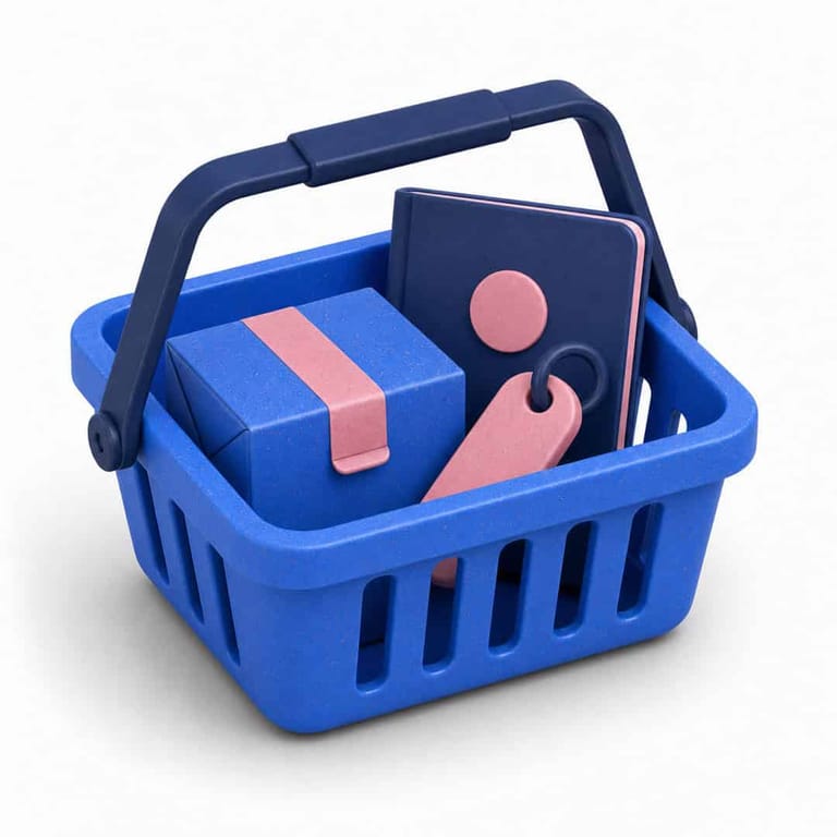 Blue shopping basket with pink-packaged products