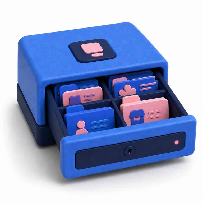 Blue secure filing box with organised profile cards