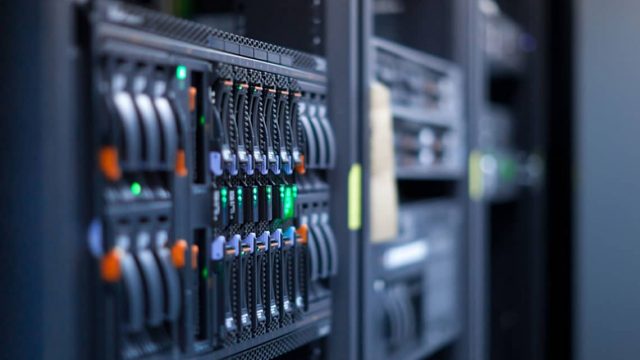 Blade servers stacked in a data centre cabinet