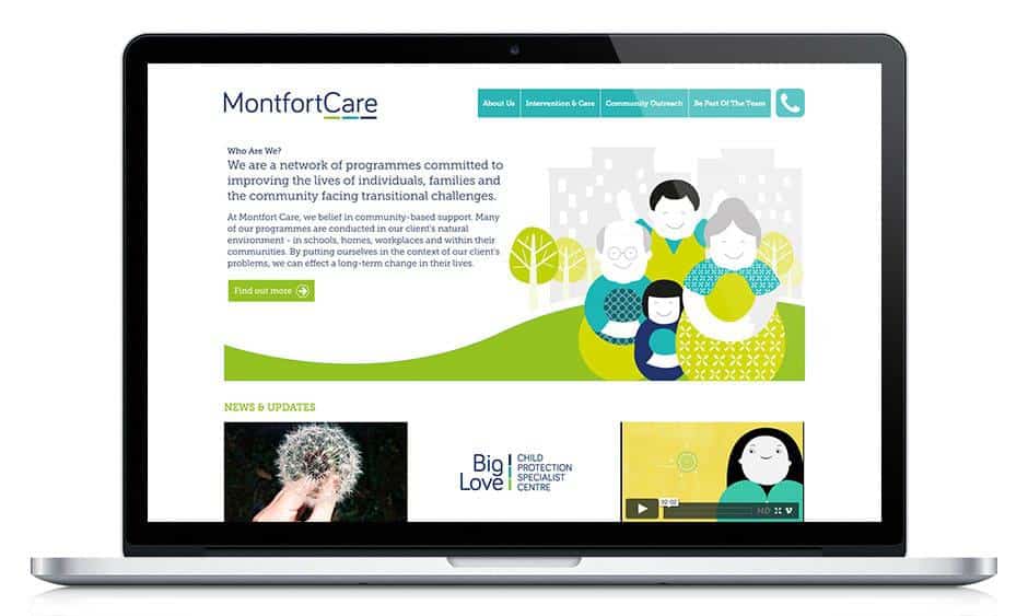 Montfort Care website displayed in MacBook screen