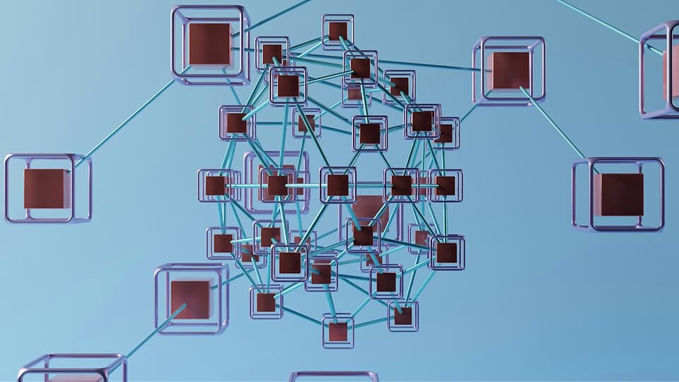 Digital render showing multiple square boxes connected within a network