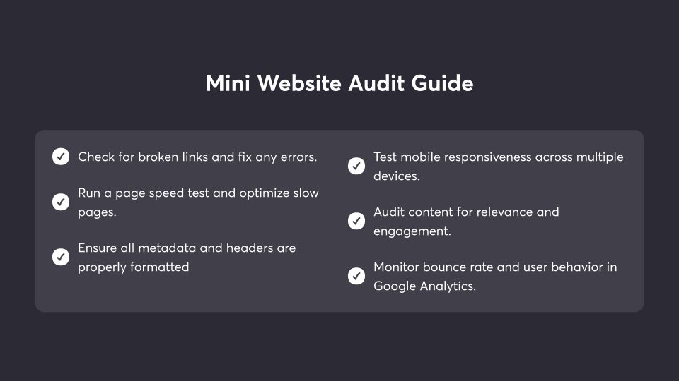 Checklist of tasks for a mini website audit including speed tests, content checks, mobile responsiveness, and analytics review.