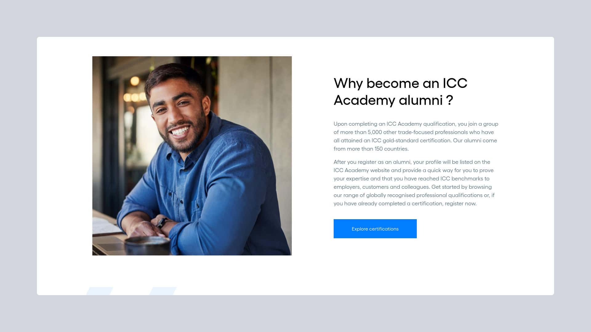 portfolio icc academy alumni Smiling man promoting ICC Academy alumni benefits