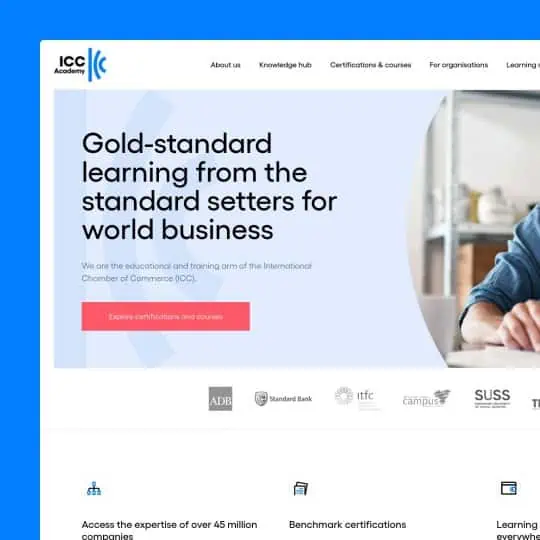 Screenshot of ICC Academy's educational homepage