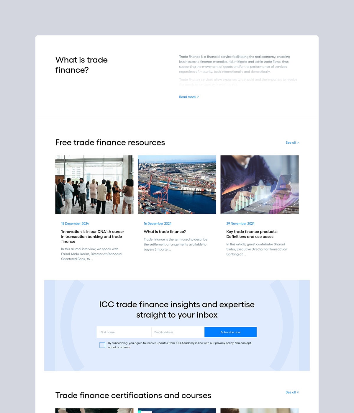 portfolio icc academy trade finance Screenshot of trade finance educational webpage