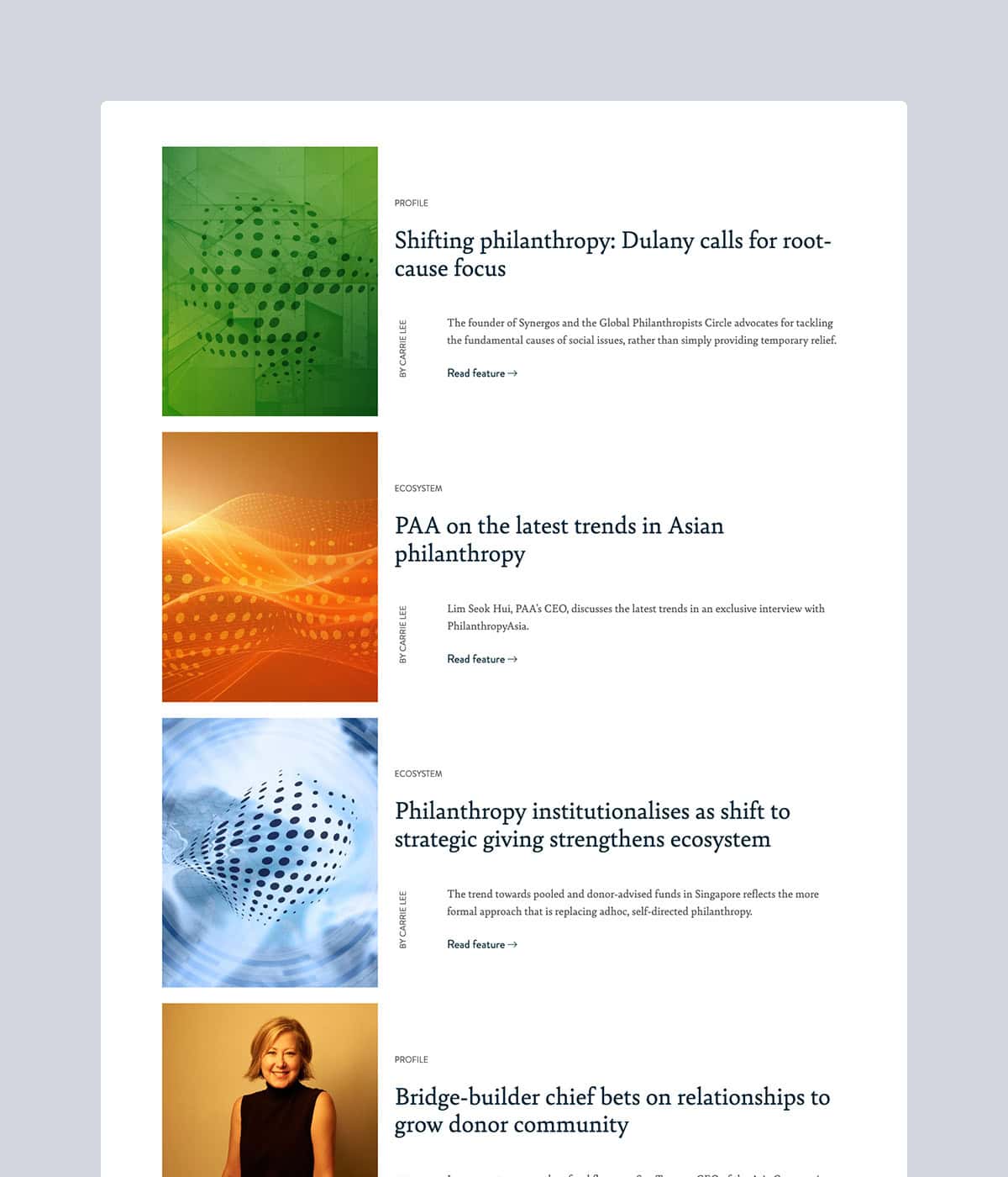 portfolio-philanthropy-asia-features Website page displaying various featured articles
