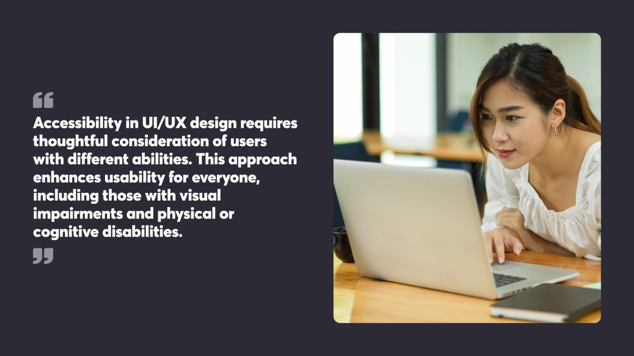 Woman using laptop, engaging in accessible UI/UX design