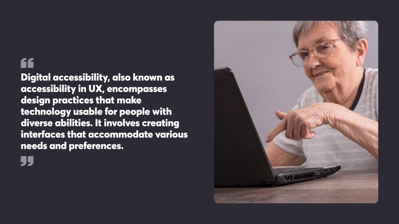 Elderly woman using laptop, learning about digital accessibility