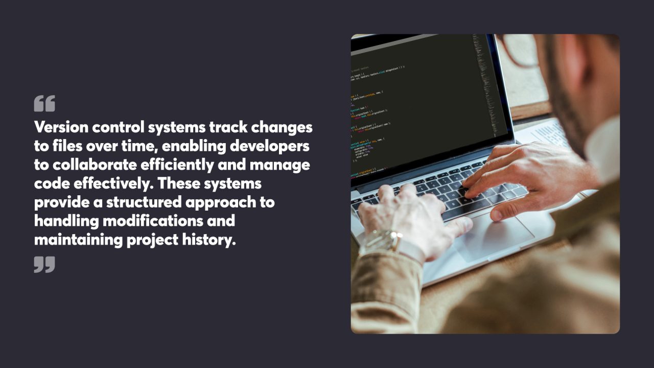 Developer coding on laptop with version control explanation