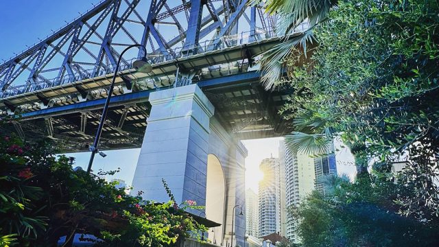 Brisbane Story Bridge framed by lush greenery and sunlight