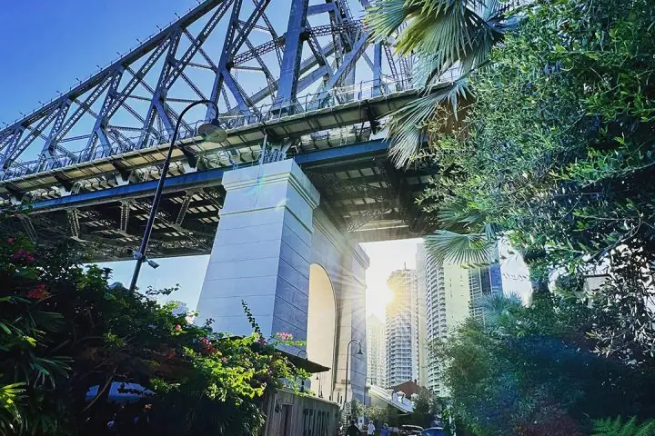Brisbane Story Bridge framed by lush greenery and sunlight
