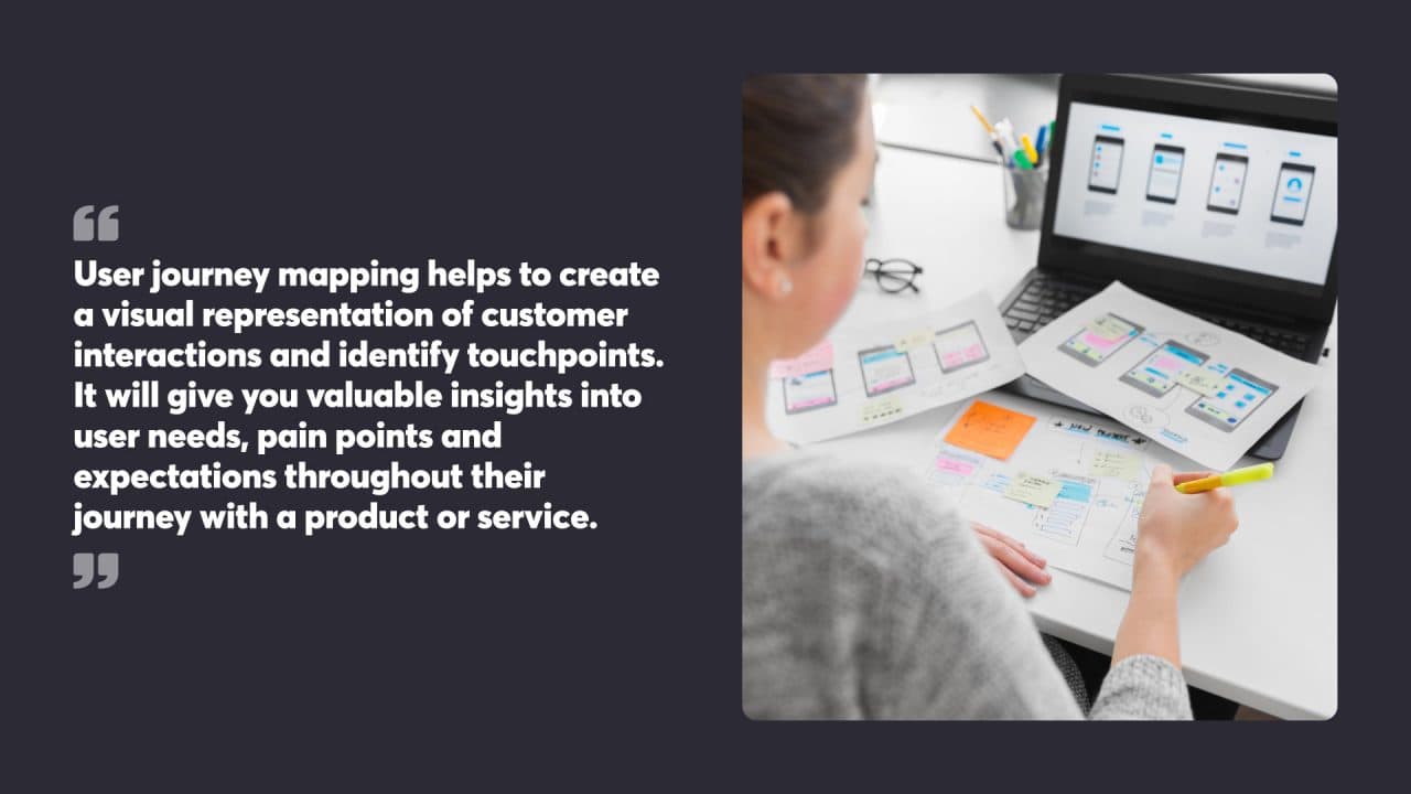 Woman creating user journey maps on desk with laptop