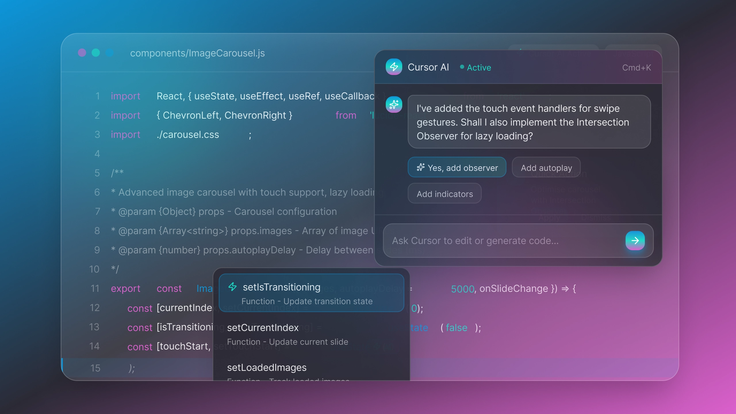 Code editor showing image carousel development with AI assistant.