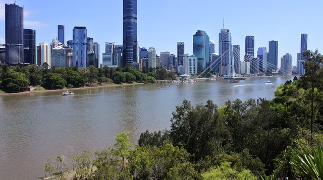 Brisbane city skyline with river view.