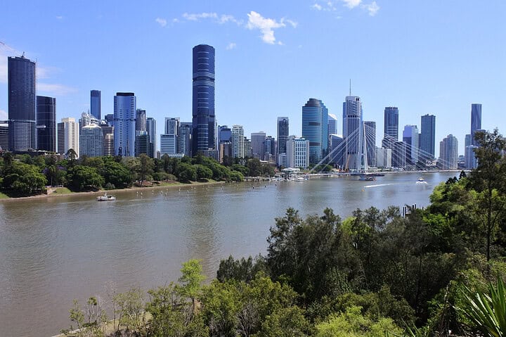 Brisbane city skyline with river view.