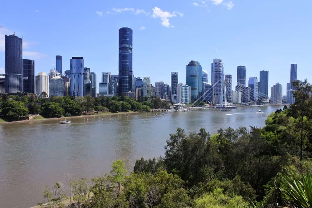 Brisbane city skyline with river view.