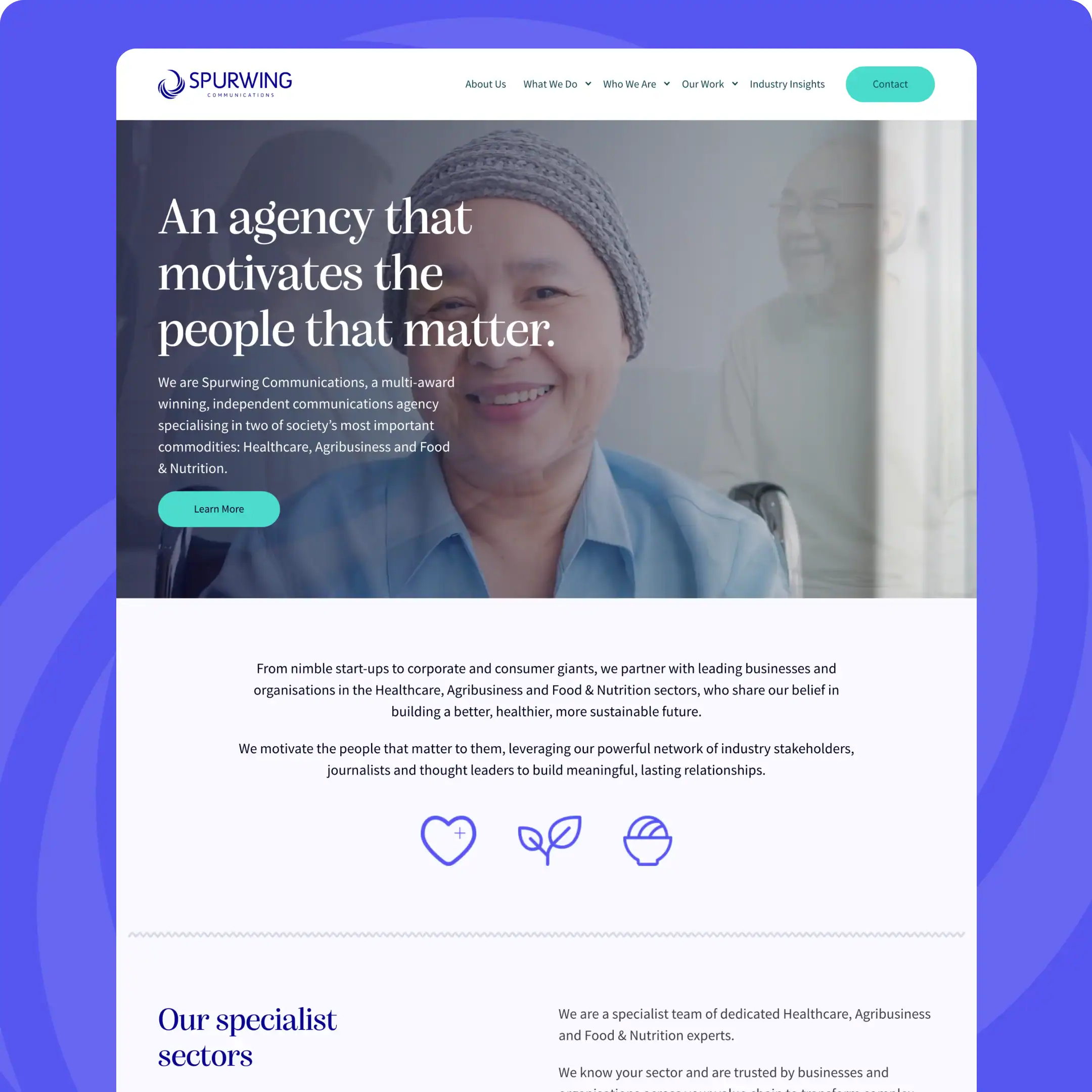 Spurwing Communications agency homepage with mission statement.